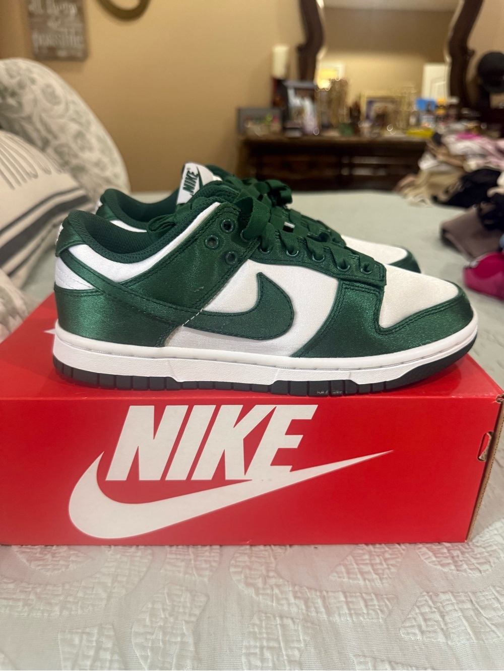 Nike Kids Dark Green Satin and White Low-Top Sneakers